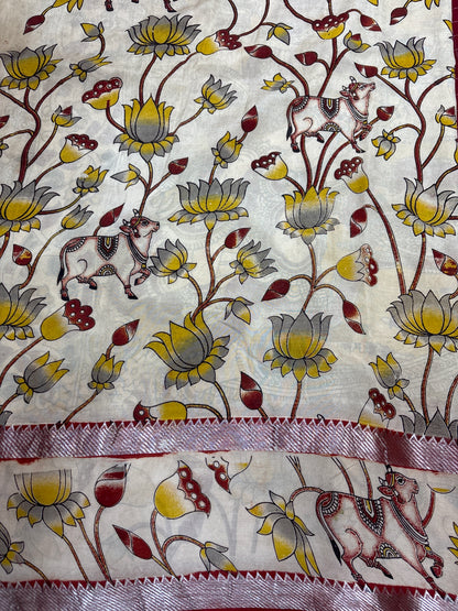 Maroon Checks Kalamkari dyeing premium chennur silk saree