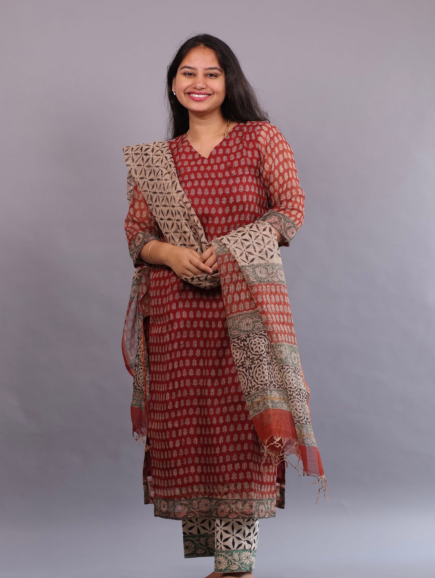 Handblock printed kota 3 piece suit (stitched)