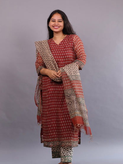 Handblock printed kota 3 piece suit (stitched)