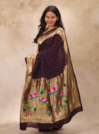 Deep Purple Handcrafted Bandhani Paithani Dola Silk Saree | Looms & Tassels