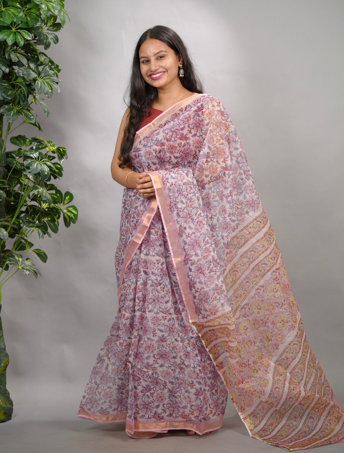 White & Lavender Pure Kota Doria Saree with Bagru Handblock Prints
