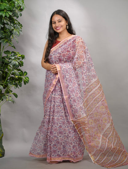 White & Lavender Pure Kota Doria Saree with Bagru Handblock Prints