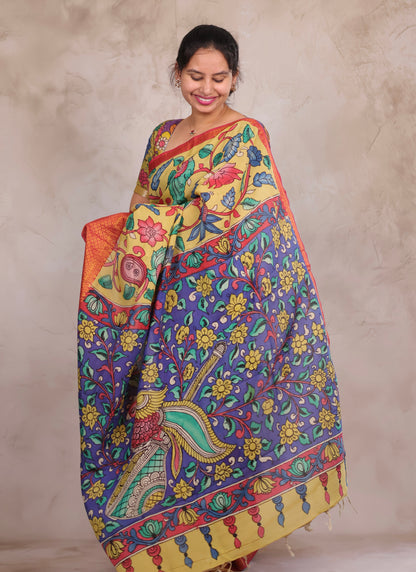 Hand Drawn Pen Kalamkari Light Yellow And Red Bangalore Silk Kanchi Border Saree | Looms & Tassels