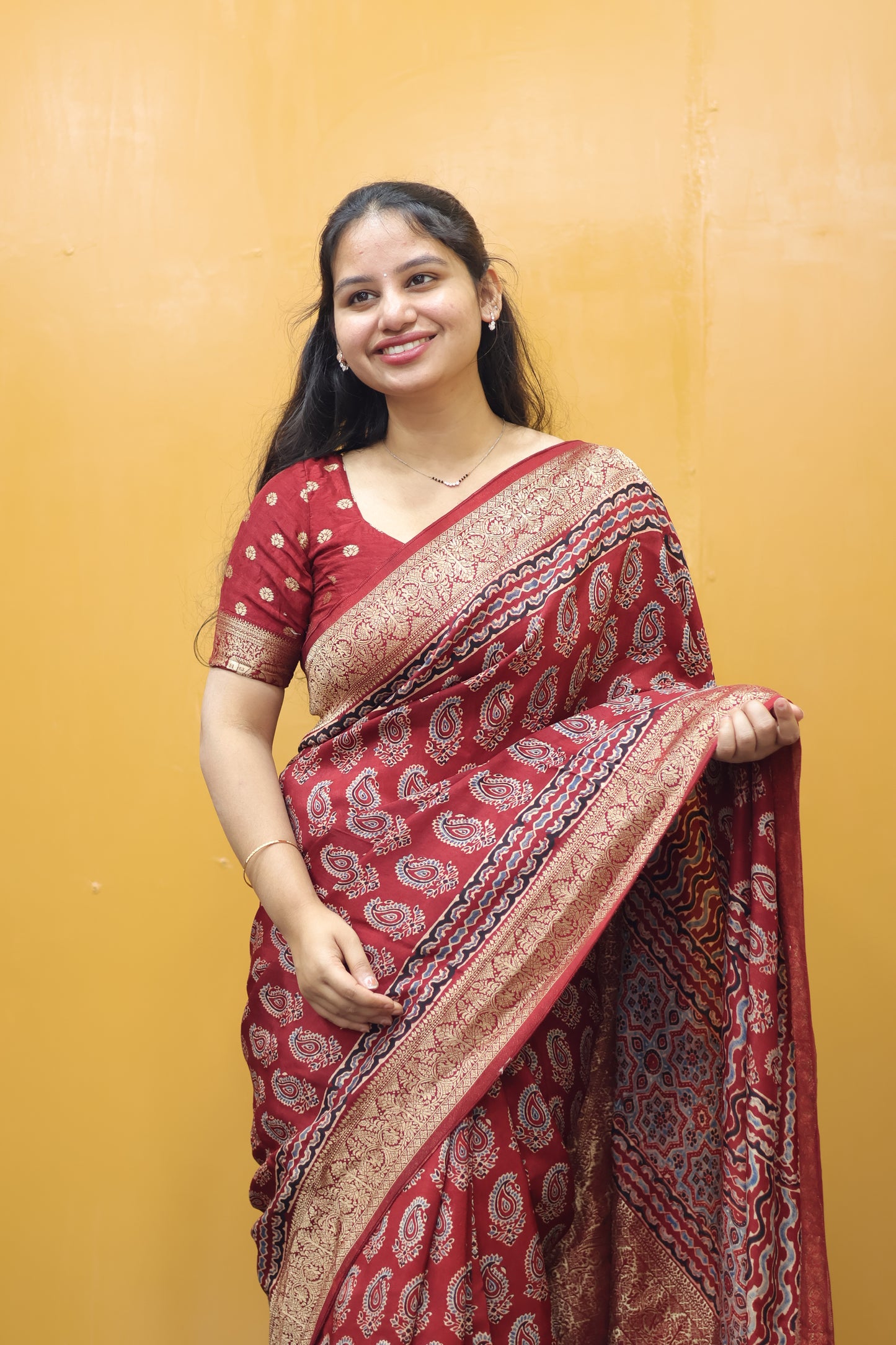 Maroon Butta Ajrakh Handblock Printed Dola Silk Saree