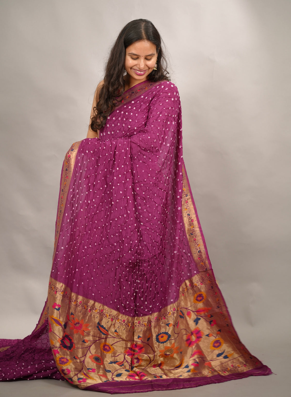 Magenta Handcrafted Bandhani Paithani Dola Silk Saree | Looms & Tassels
