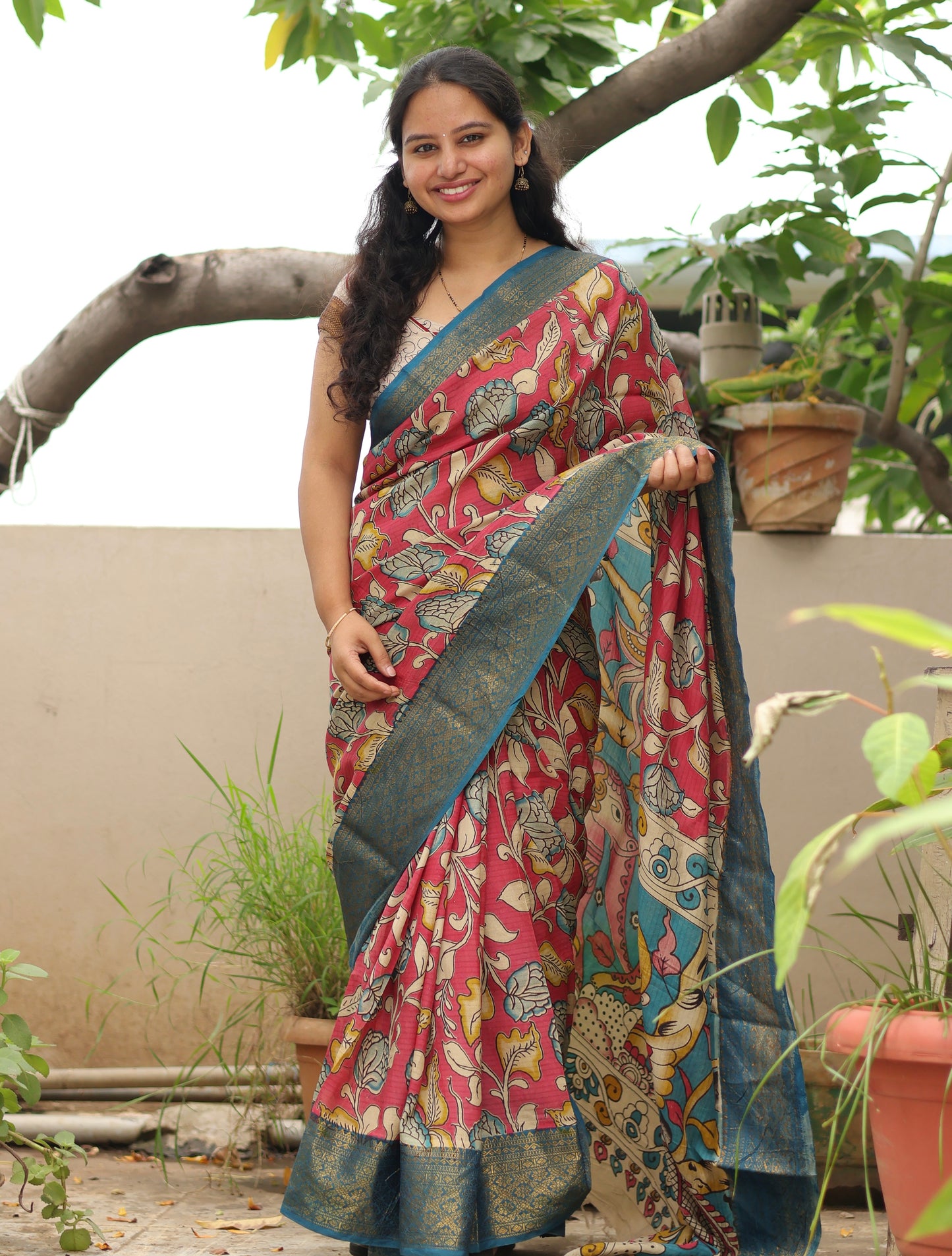 Pink Kanchi border Kalamkari chennur silk saree