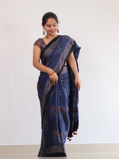 Blue Ajrakh Modal Silk Saree