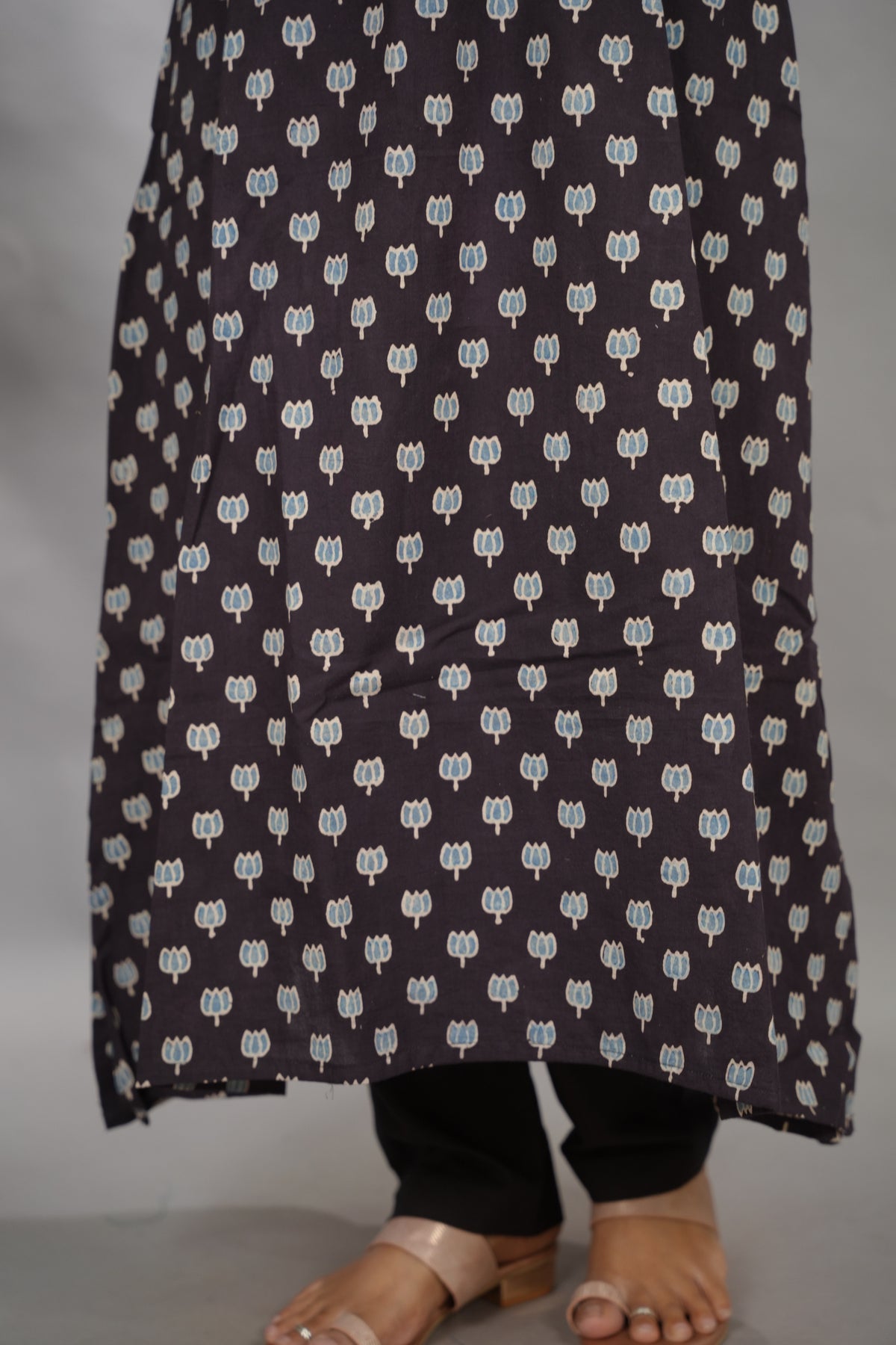 Black Ajrakh Pattern Hand Block printed Aline Kurti | Looms & Tassels