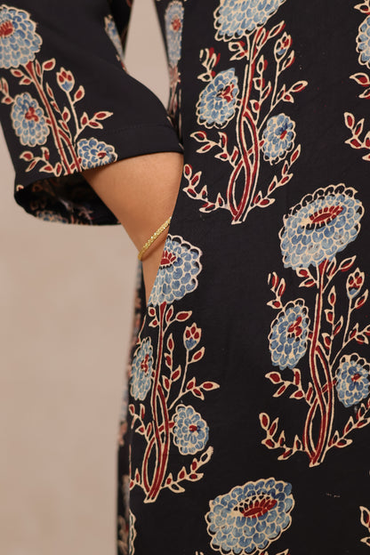 Black Ajrakh Modal Silk Aline Dress | Looms & Tassels