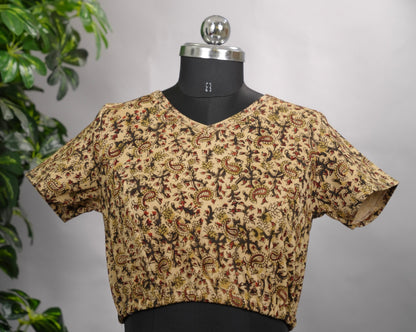 V Neck Stretchable Hand block printed kalamkari blouse (small hands) | Looms & Tassels