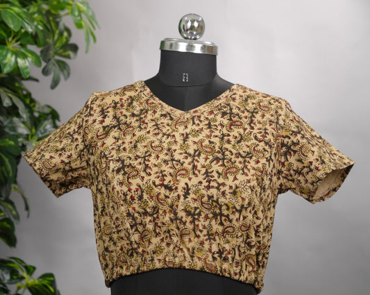 V Neck Stretchable Hand block printed kalamkari blouse (small hands) | Looms & Tassels