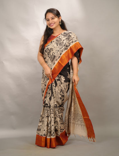 Black Kanchi border Kalamkari Chennur Silk Saree| Looms & Tassels
