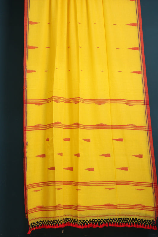 Yellow Pure Handwoven Malai Cotton Saree with Butta Weaving border