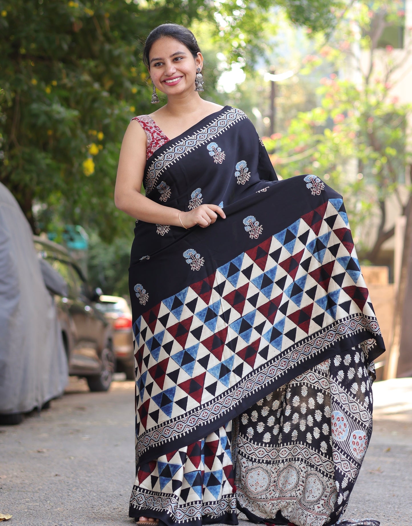 Black Geometrical & Floral Ajrakh Handblock Printed Modal Silk Saree | Looms & Tassels