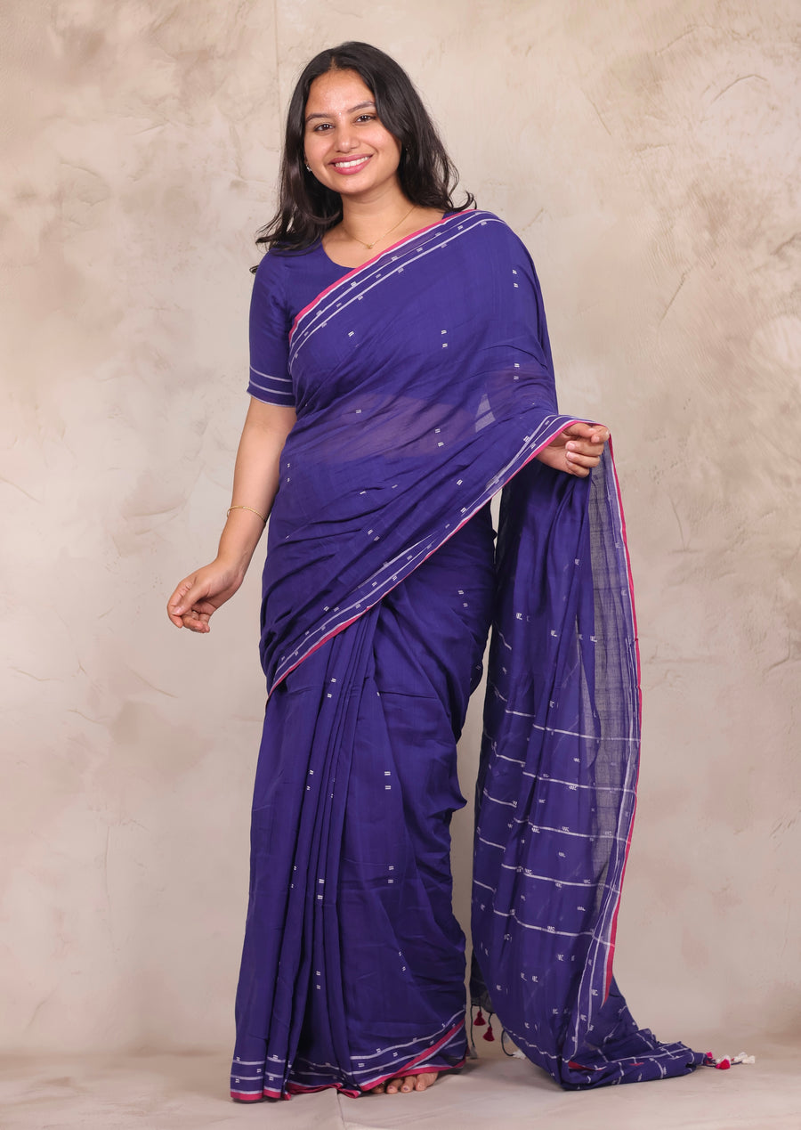 Blue Malai Cotton Saree with Butta Weaving | Looms & Tassels
