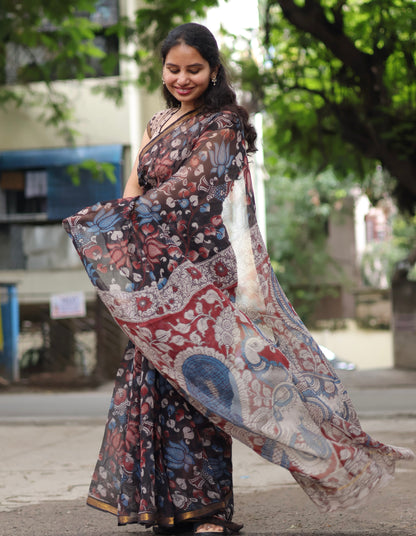 Black Kalamkari printed Kota Doriya Saree
