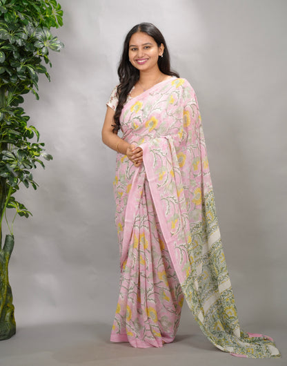 Pastel Pink Georgette Hand Block Printed Saree| Looms & Tassels