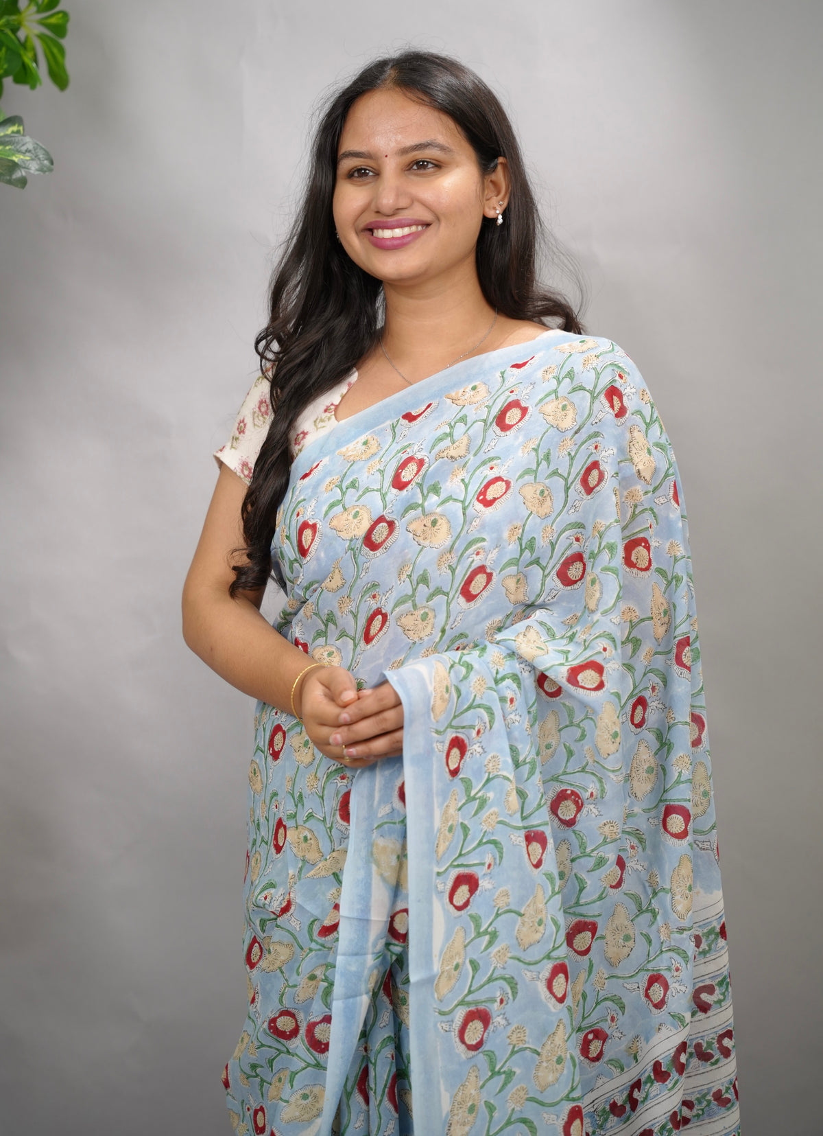 Powder Blue Georgette Hand Block Printed Saree| Looms & Tassels