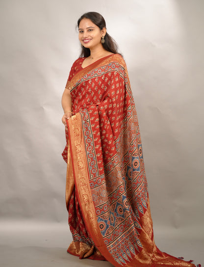 Red Butta Ajrakh Handblock printed Dola Silk Saree | Looms & Tassels