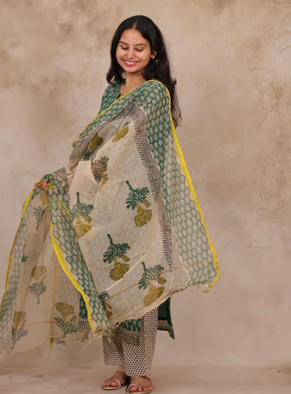Green Handblock printed kota 3 piece suit (stitched)