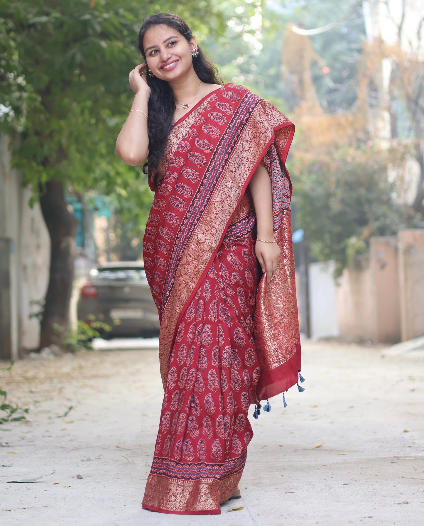 Maroon Butta Ajrakh Handblock Printed Dola Silk Saree