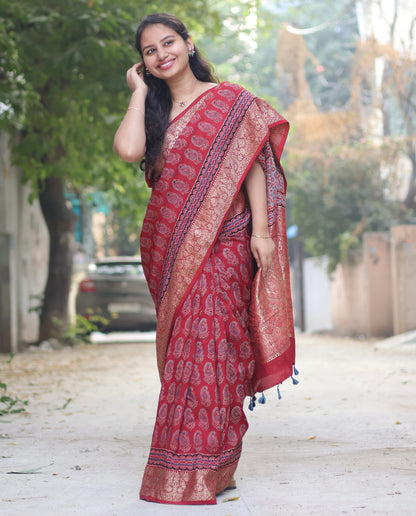 Maroon Butta Ajrakh Handblock Printed Dola Silk Saree