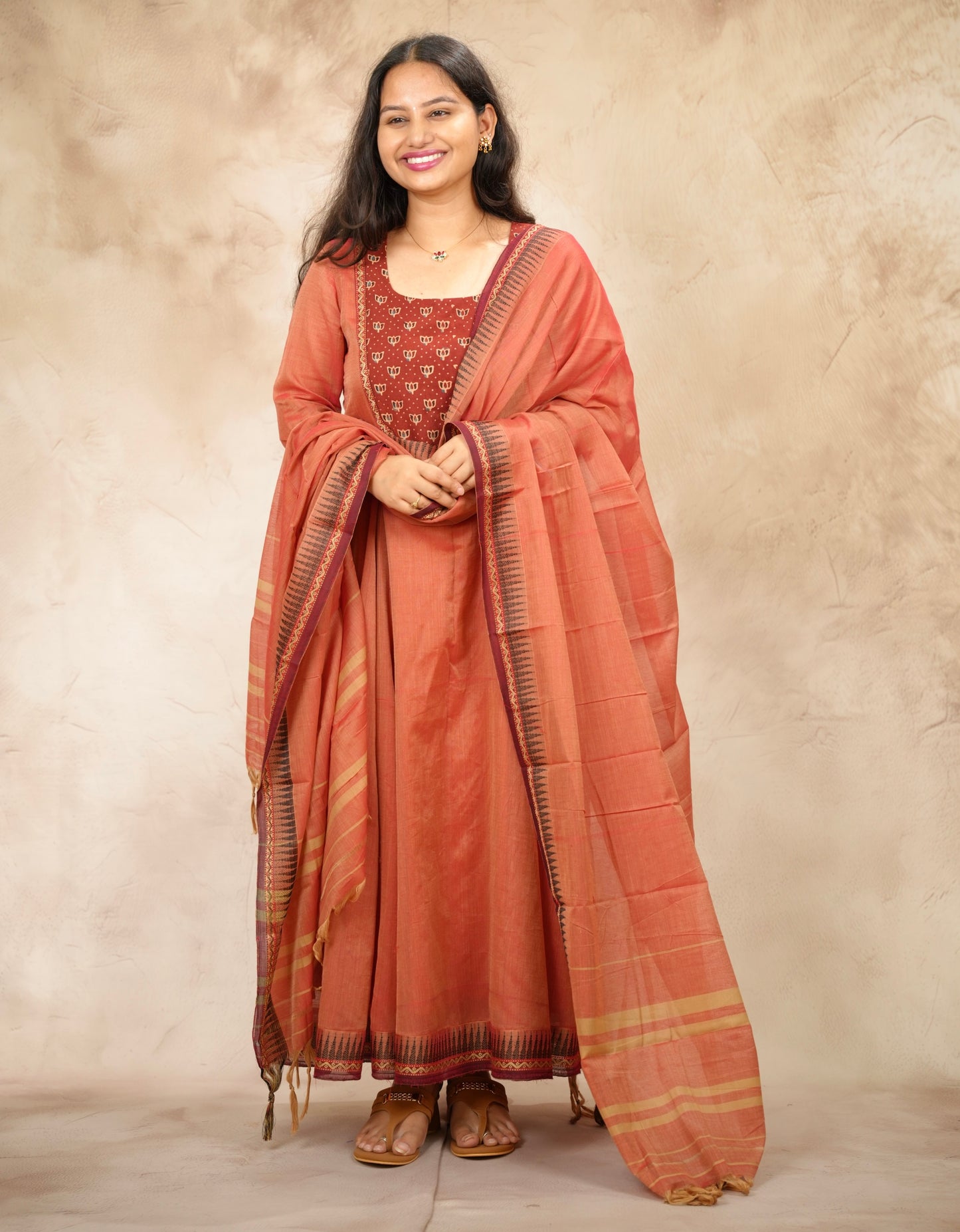 Peach Ajrakh Patch Work Narayanpet Cotton Anarkali Dress with Narayanpet Dupatta | Looms & Tassels