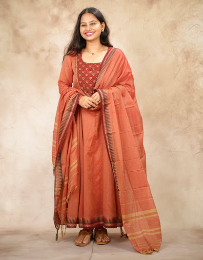 Peach Ajrakh Patch Work Narayanpet Cotton Anarkali Dress with Narayanpet Dupatta | Looms & Tassels