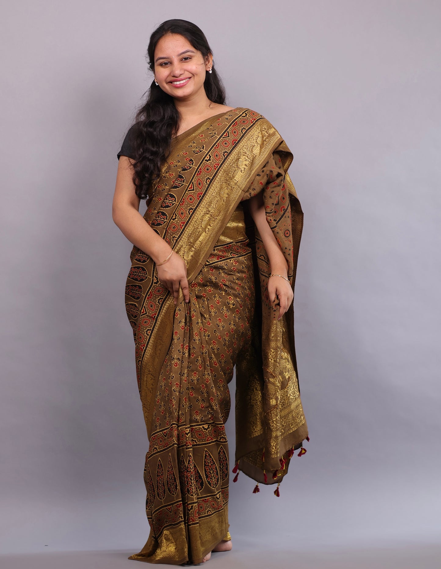 Antique Olive Brown Flower Butta Authentic Ajrakh Hand Block printed Dola Silk Saree | Looms & Tassels
