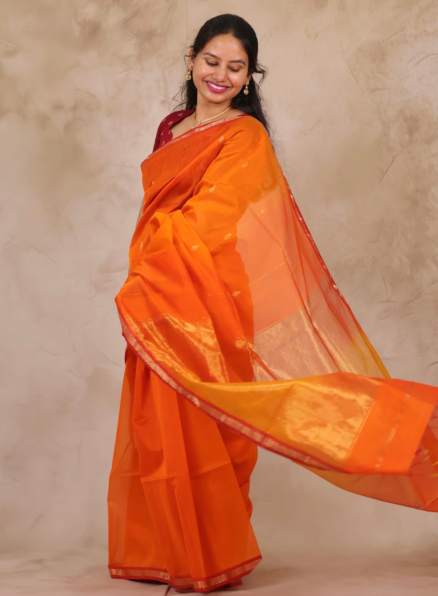 Orange Handloom Maheswari Silk Cotton Sarees | Looms & Tassels