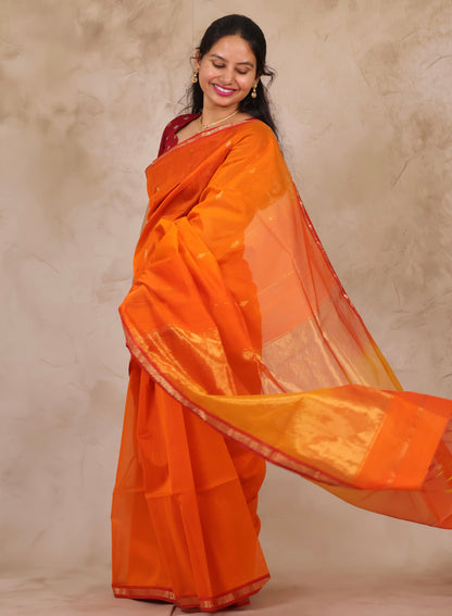 Orange Handloom Maheswari Silk Cotton Sarees | Looms & Tassels