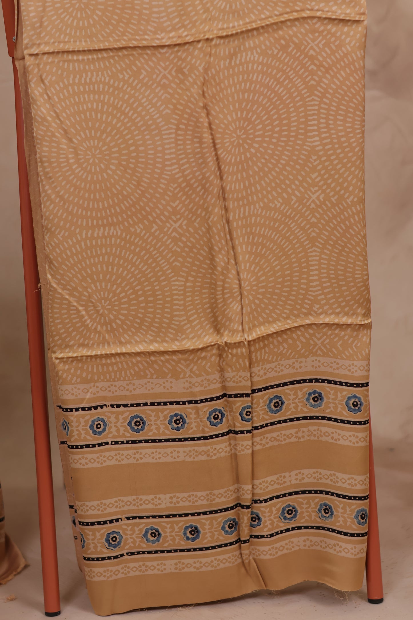 Cream Ajrakh Hand Block Printed Natural Dyed Modal Silk 2 Piece Suit Set | Looms & Tassels