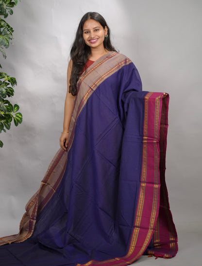 Blue Narayanpet Cotton Saree With Ganga And Jamuna Border | Looms & Tassels