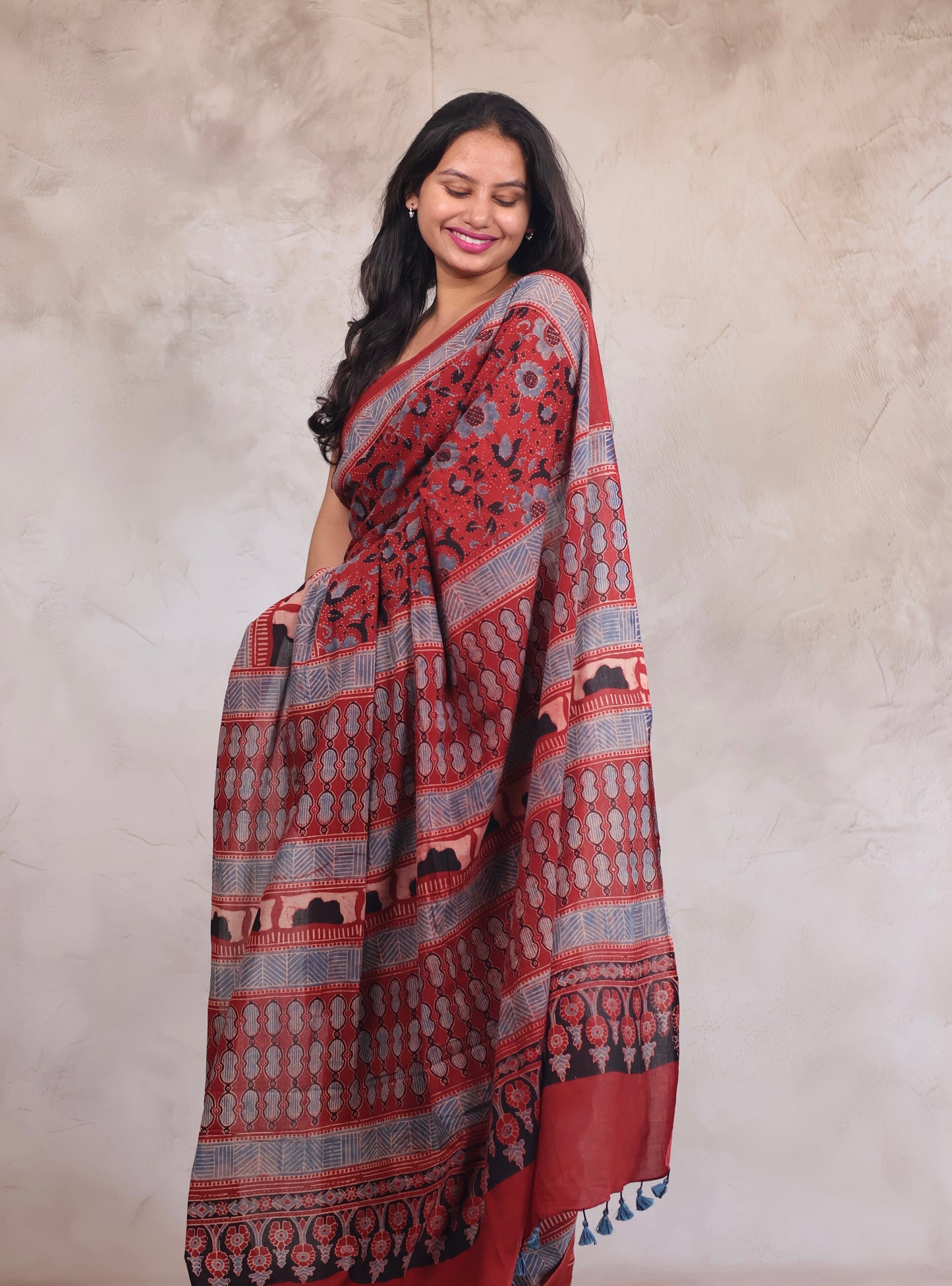 Red Ajrakh Hand Block Printed Mul Cotton Saree | Looms & Tassels