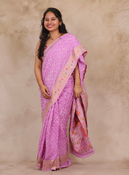 Pastel Lavender Handcrafted Bandhani Paithani Dola Silk Saree | Looms & Tassels