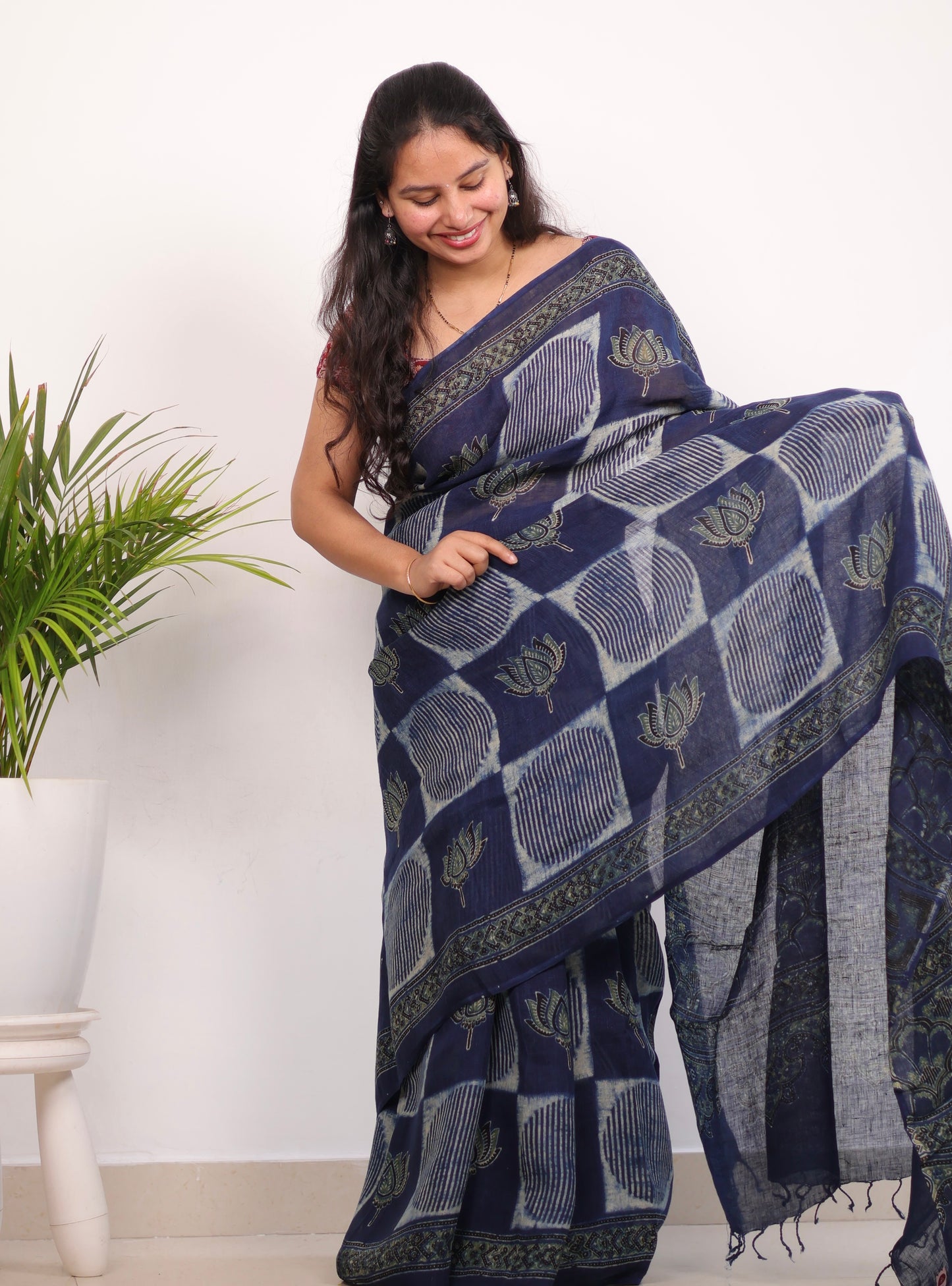Indigo Pure Linen Ajrakh Handblock Printed Saree