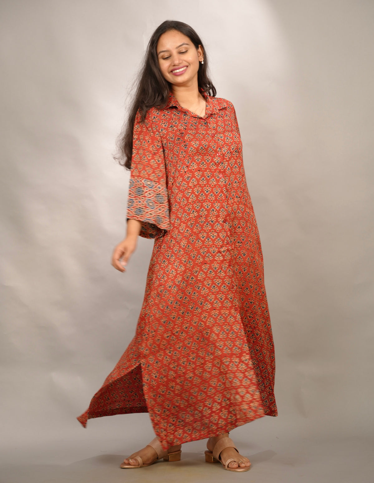 Red Ajrakh Modal Silk Aline Shirt Dress | Looms & Tassels