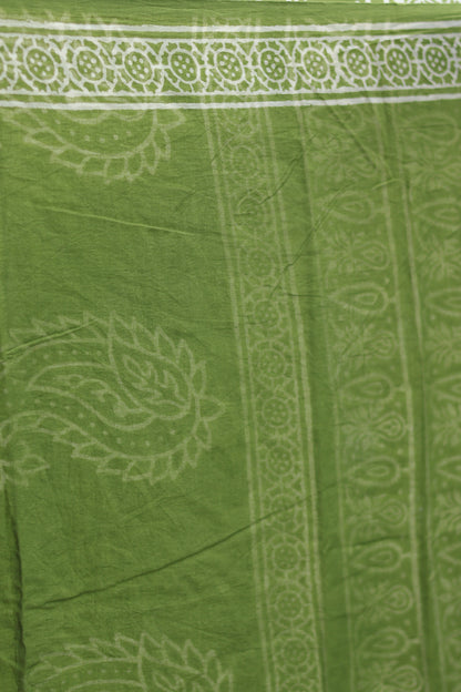 Parrot Green Bagru Handblock printed MulMul cotton saree