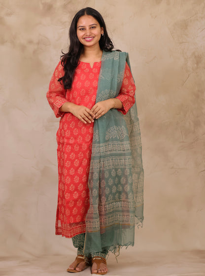 Red & Sea Green Handblock printed kota 3 piece suit (stitched)