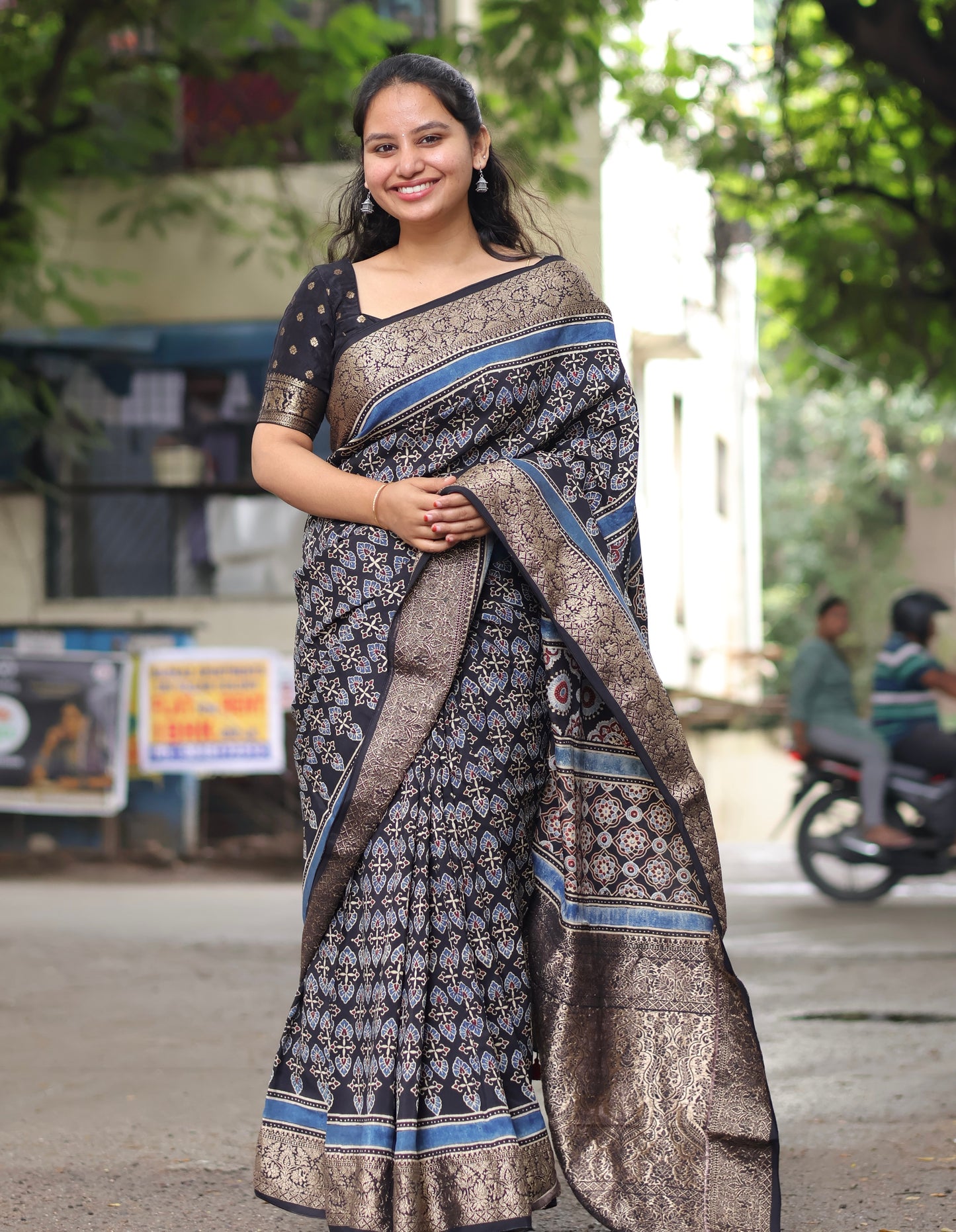 Black Ajrakh Dola Silk Saree