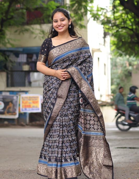Black Ajrakh Dola Silk Saree