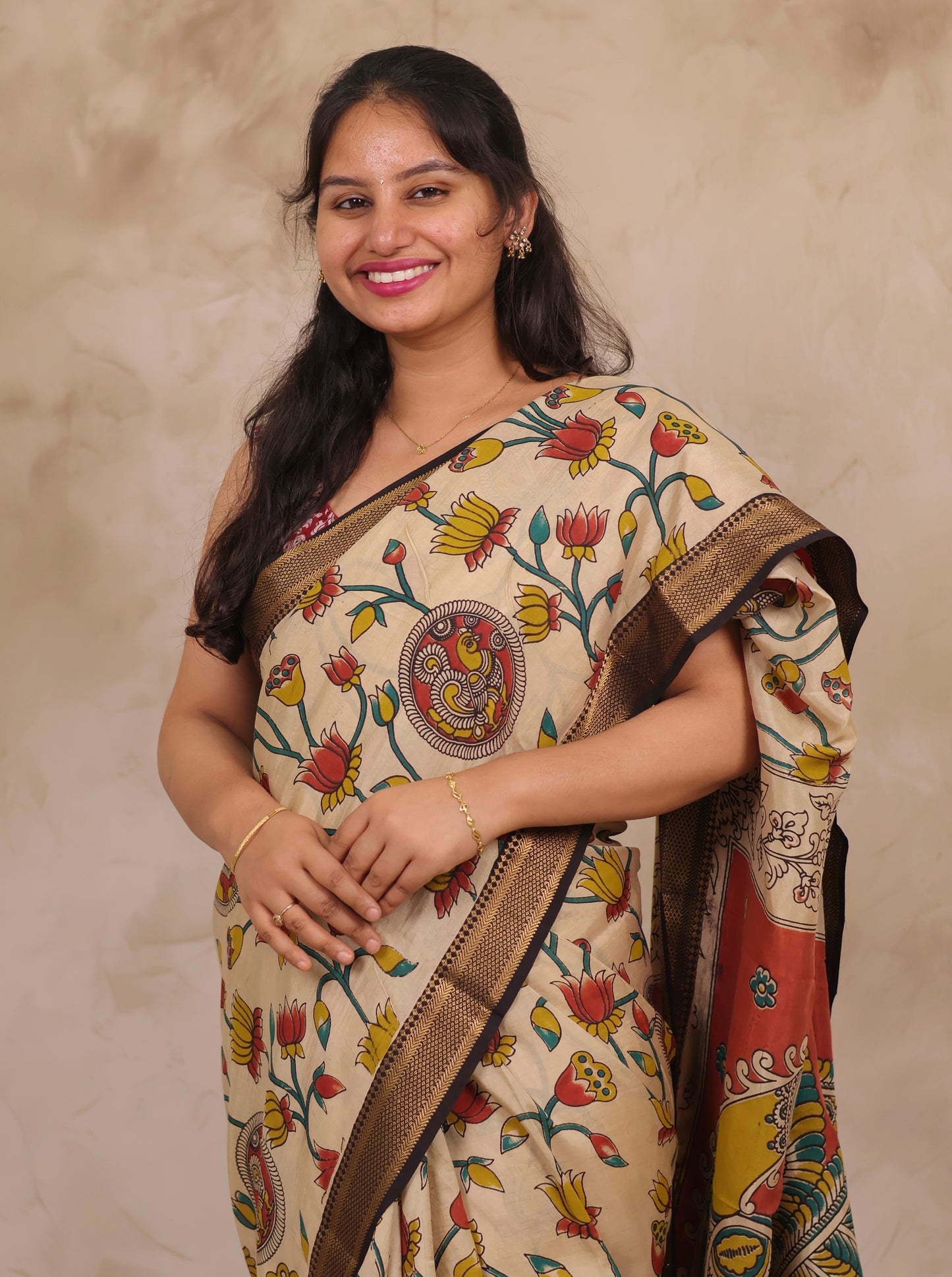 Cream Lotus Kalamkari Nizam Border Chennur Silk Saree | Looms & Tassels