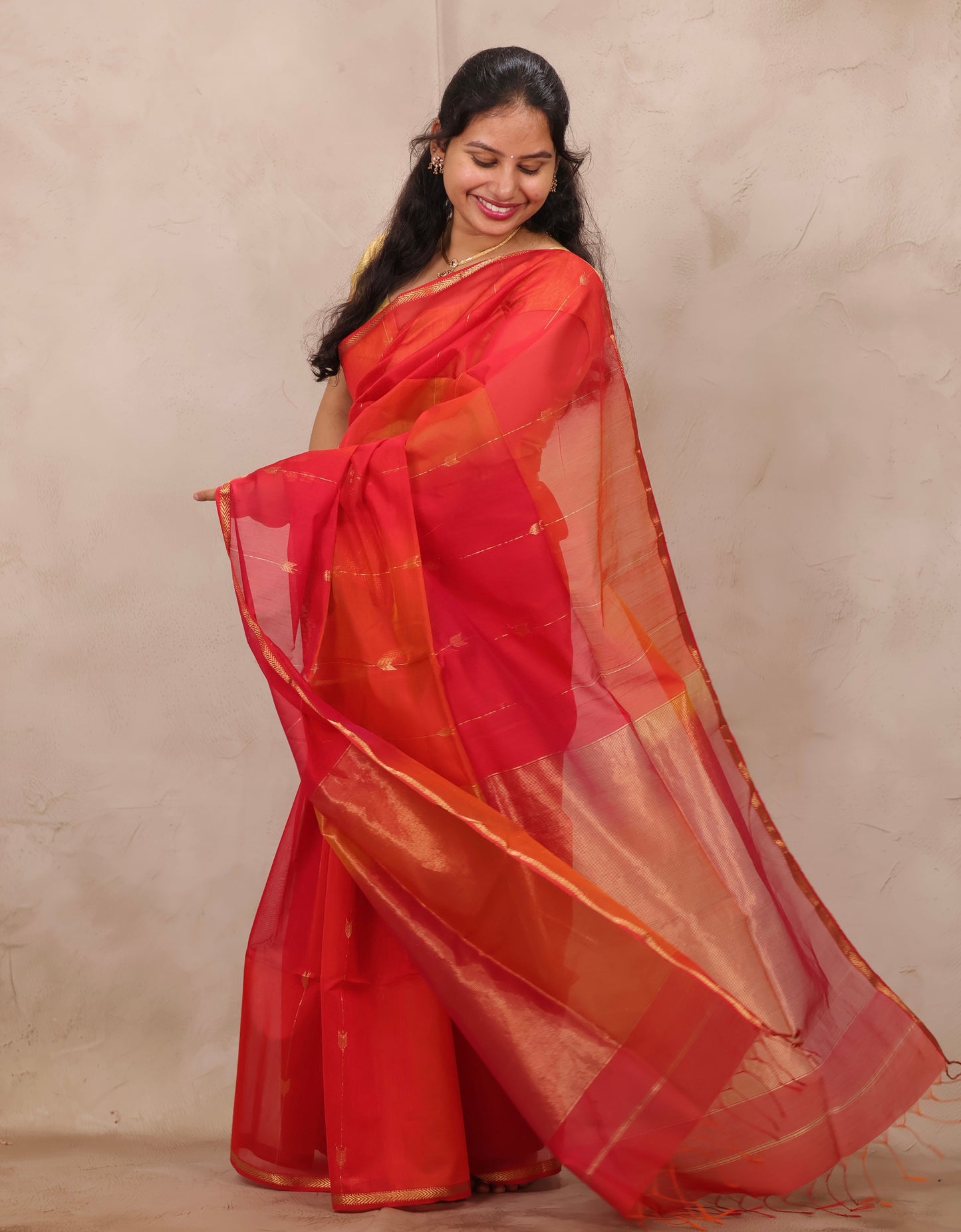 Orange Handloom Maheswari Silk Cotton Sarees | Looms & Tassels