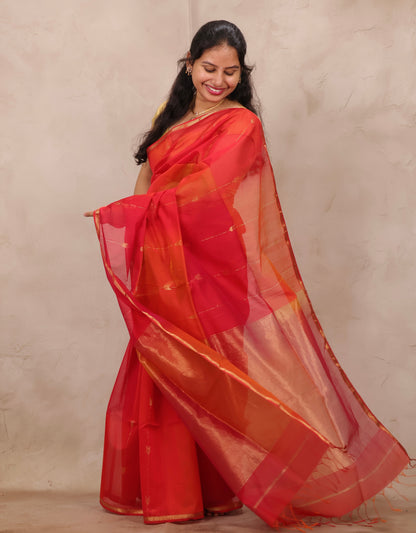 Orange Handloom Maheswari Silk Cotton Sarees | Looms & Tassels