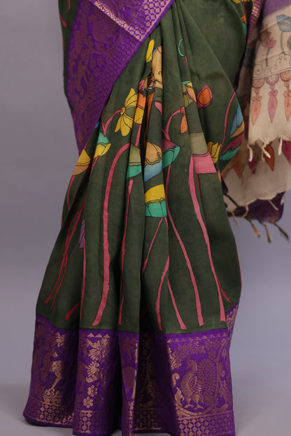 Green Hand Painted Pen Kalamkari Silk Saree