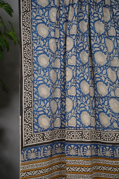 Blue Bagru Handblock printed MulMul cotton saree | Looms & Tassels