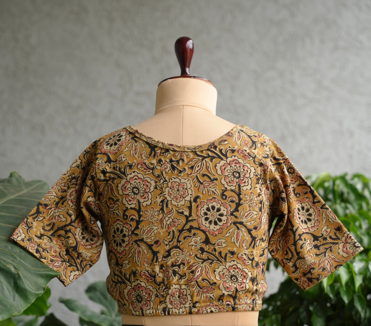 Mustard Round Neck Stretchable Hand block printed kalamkari blouse