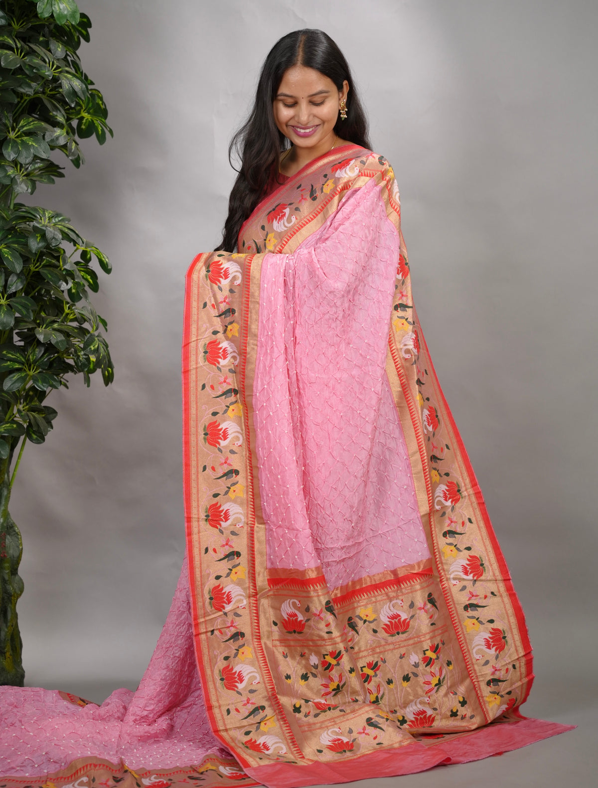 Pastel pink Handcrafted Bandhani Paithani Dola Silk Saree | Looms & Tassels