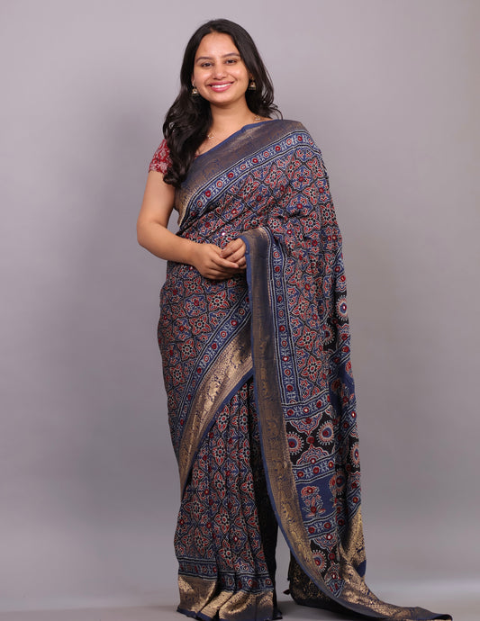 Indigo Handcrafted Ajrakh Dola Silk Saree with Authentic Banjara Mirror Work | Looms & Tassel
