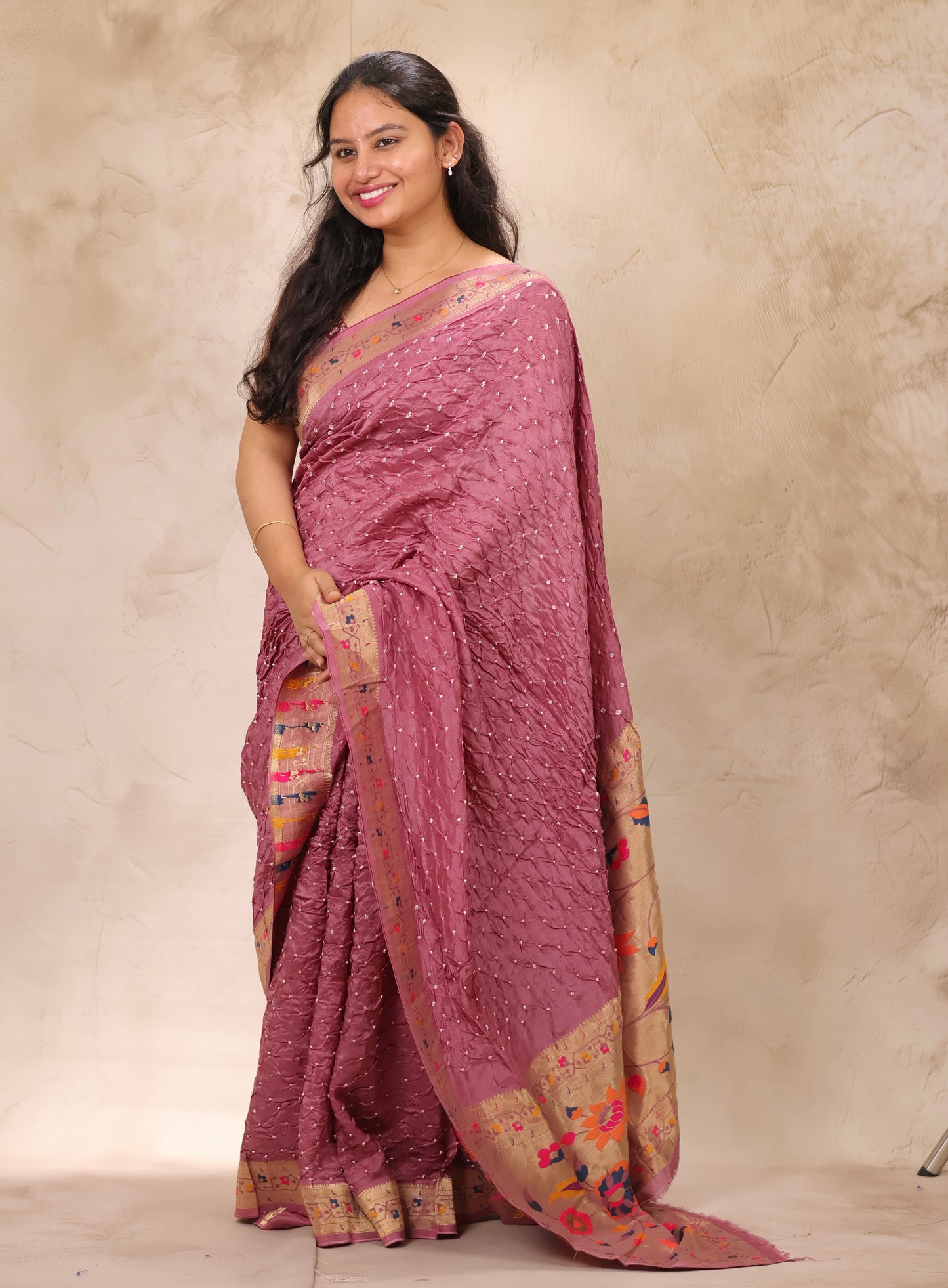 Onion Pink Handcrafted Bandhani Paithani Dola Silk Saree | Looms & Tassels